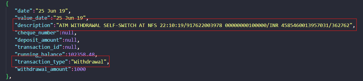 Extend AI output showing Bank statement transaction output
