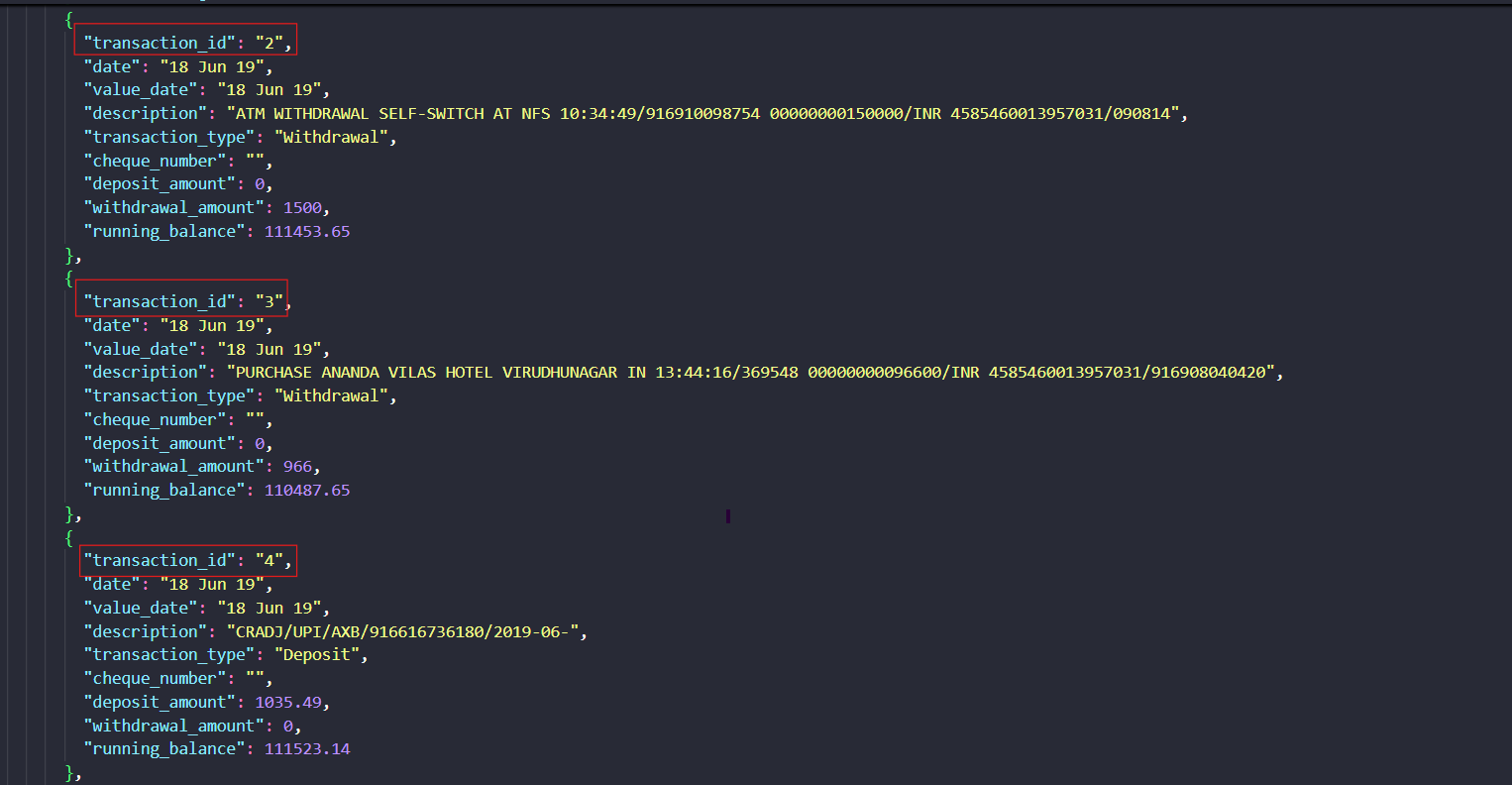 Landing AI output showing Bank statement transaction output