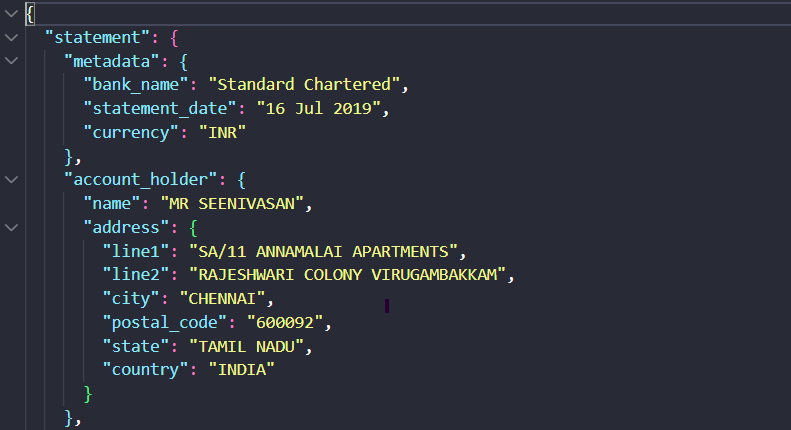 Landing AI output showing Bank statement metadata