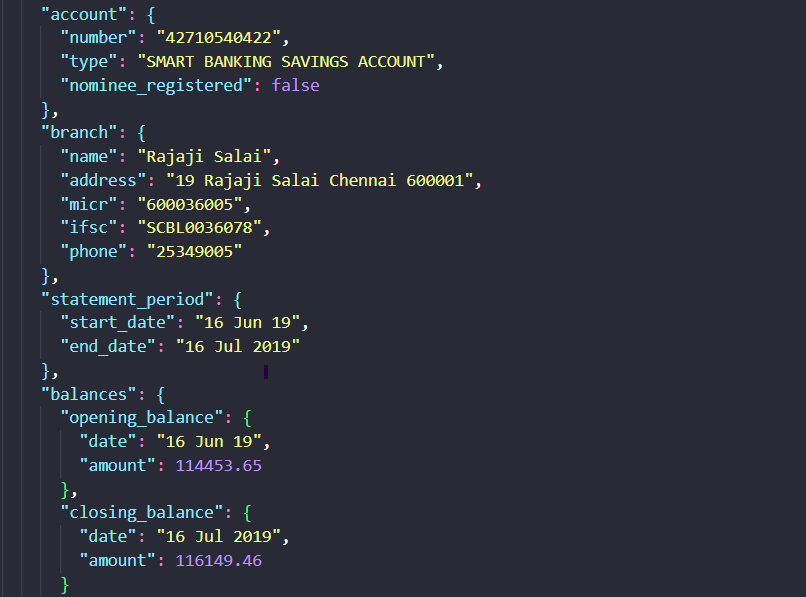 Landing AI output showing Bank statement account details