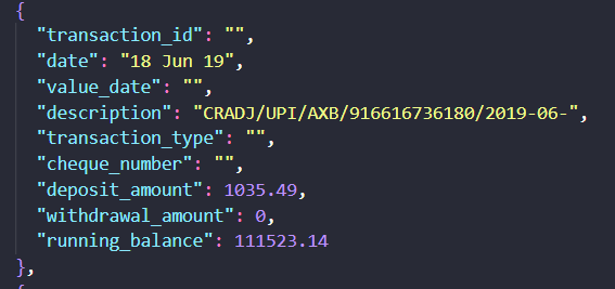 LlamaParse output showing Bank statement transaction output