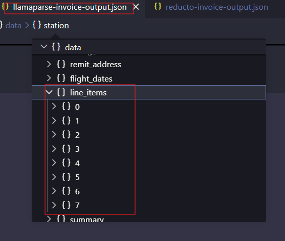 LlamaParse output showing Invoice line items