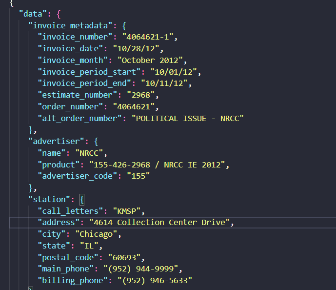 LlamaParse output showing Invoice metadata