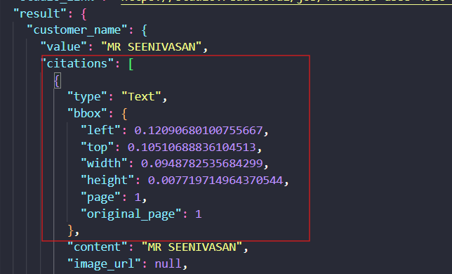 Reducto output showing Bank statement citation output