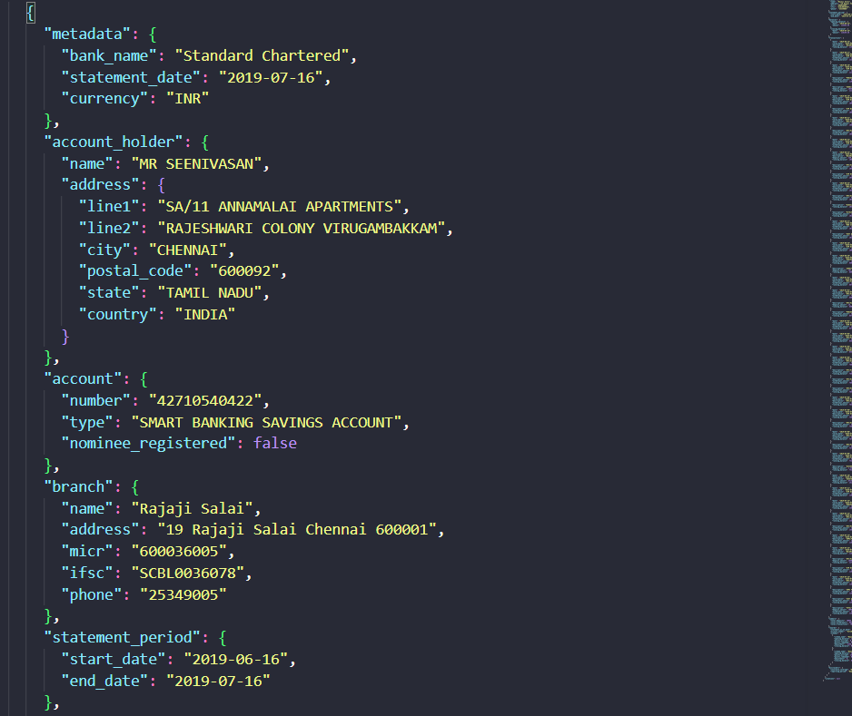 Reducto output showing Bank statement metadata