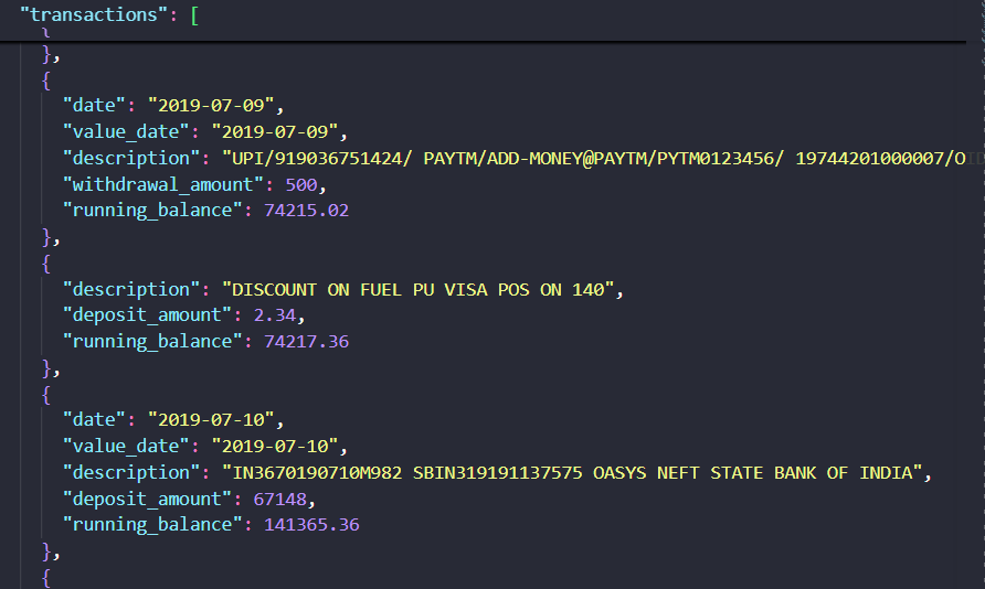 Reducto output showing Bank statement transaction output