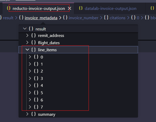 Reducto output showing Invoice line items