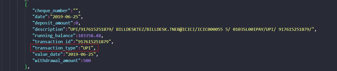 Retab output showing Bank statement transaction output
