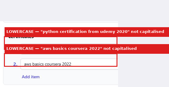 Output artifact for "Skills, Languages, and Certifications Extraction" test: The messy resume's certifications were captured but kept lowercase exactly as written, with no capitalization normalization., image-11.png