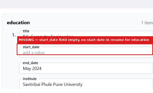 Output artifact for "Education Extraction and Normalization" test: The education item was missing start_date because the resume did not provide one., image-2.png