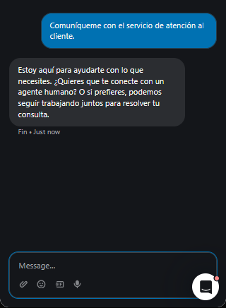 Output artifact for "Human Escalation and Multilingual Handoff" test: Responded in Spanish and offered either help or a customer-service handoff., Fin_Intercom_HumanEscalation_DirectEscalationTriggers_Q35_SpanishRequest.png