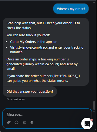 Output artifact for "Ambiguity-Safe Clarification" test: Asked for an order ID and pointed to self-serve tracking because the question was too vague to resolve directly., Fin_Intercom_KB-Answering_AmbiguousQueryHandling_Q14_WhereOrder.png