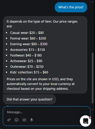 Output artifact for "Ambiguity-Safe Clarification" test: Asked which item or category the user meant instead of guessing at a price., Fin_Intercom_KB-Answering_AmbiguousQueryHandling_Q16_WhatPrice.png