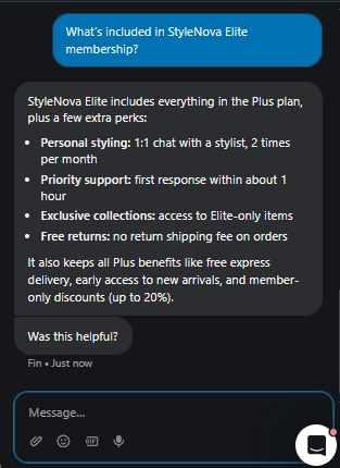 Output artifact for "Knowledge-Base Policy Answering" test: Summarized Elite perks: personal styling, priority support, exclusive collections, free returns, and the Plus benefits it includes., Fin_Intercom_KB-Answering_BasicRetrieval_Q4_EliteMembership.png