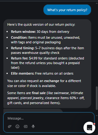 Output artifact for "Knowledge-Base Policy Answering" test: Gave the 30-day return window, item condition rules, $4.99 non-Elite return fee, Elite free returns, and final-sale exclusions., Fin_Intercom_KB-Answering_BasicRetrieval_Q5_ReturnPolicy.png
