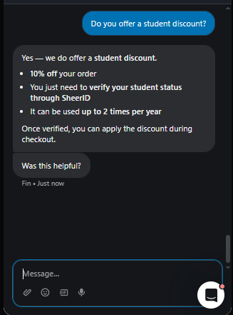 Output artifact for "Knowledge-Base Policy Answering" test: Confirmed a 10% student discount verified through SheerID, usable up to 2 times per year., Fin_Intercom_KB-Answering_HallucinationControl_Q10_StudentDiscount.png