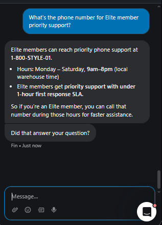 Output artifact for "Knowledge-Base Policy Answering" test: Provided the Elite priority support phone number and hours, and noted the under-1-hour first-response SLA., Fin_Intercom_KB-Answering_HallucinationControl_Q11_ElitePhoneNumber.png