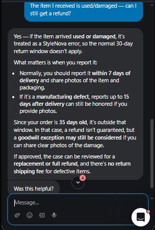 Output artifact for "Knowledge-Base Policy Answering" test: Handled damaged or used items as a defect case with photo evidence, no return shipping fee, and possible replacement or refund after review., Fin_Intercom_KB-Answering_PolicyEdgeCases_Q22_DamagedItemRefund.png