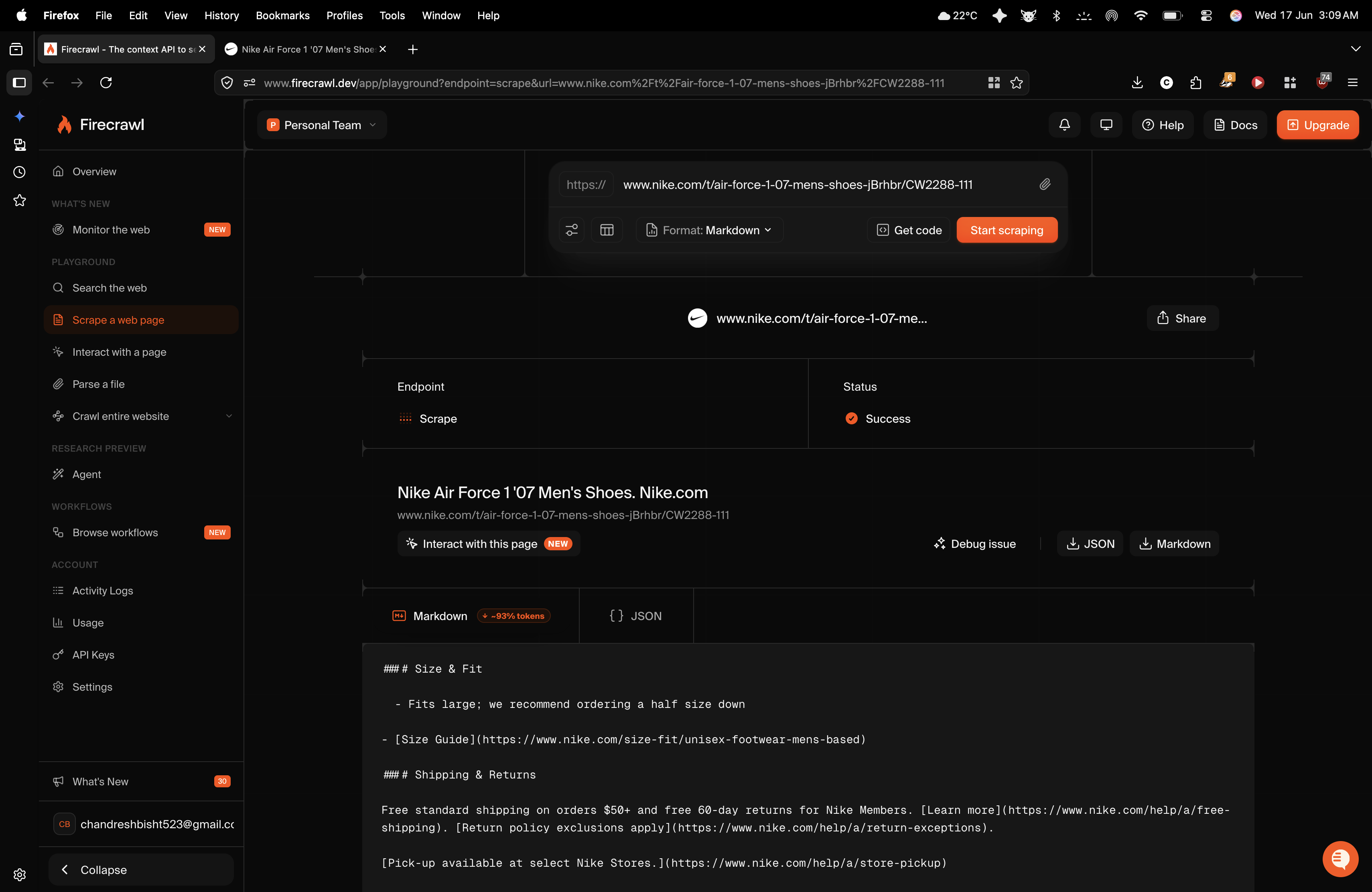 Firecrawl scrape result for a Nike product page in Markdown format.