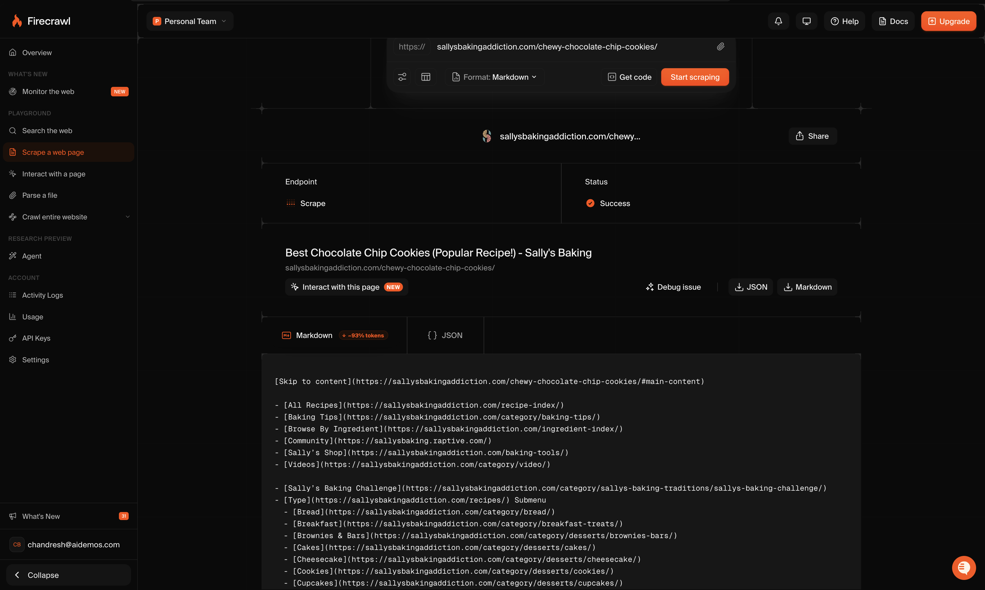 Firecrawl scrape dashboard showing a successful Nike page scrape.