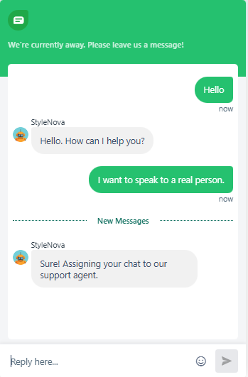 Output artifact for "Human Handoff and Ticket Routing" test: Recognized the direct escalation request and immediately said it was assigning the chat to a support agent., Freshdesk_HumanEscalation_DirectTriggers_Q1_SpeakToRealPerson.png