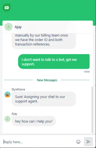 Output artifact for "Human Handoff and Ticket Routing" test: Escalated when the user explicitly رفض the bot, and the next human reply appeared in the thread., Freshdesk_HumanEscalation_DirectTriggers_Q3_DontWantBotGetSupport.png