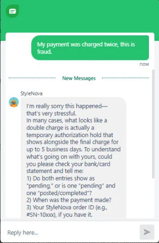 Output artifact for "Human Handoff and Ticket Routing" test: Treated the fraud claim as a triage conversation instead of an immediate handoff, asking for transaction details and explaining a possible authorization hold., Freshdesk_HumanEscalation_DirectTriggers_Q2_DoubleChargeFraud.png