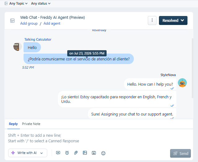Output artifact for "Human Handoff and Ticket Routing" test: The inbox confirms the Spanish request was routed into a resolved support thread after the bot assigned it., Freshdesk_HumanEscalation_DirectTriggers_Q4_SpanishEscalationRequest_conversationinbox.png