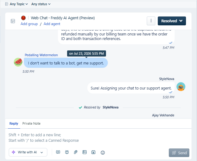 Output artifact for "Human Handoff and Ticket Routing" test: The inbox view confirms the thread was resolved and handed over after the explicit handoff request., Freshdesk_HumanEscalation_DirectTriggers_Q3_DontWantBotGetSupport_conversationinbox.png