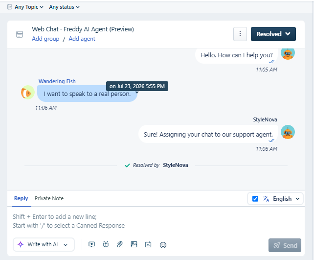 Output artifact for "Human Handoff and Ticket Routing" test: The conversation inbox shows the chat resolved after the bot assigned it to support, preserving the escalation context in the thread., Freshdesk_HumanEscalation_DirectTriggers_Q1_SpeakToRealPerson_conversationinbox.png