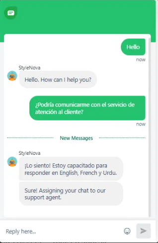 Output artifact for "Human Handoff and Ticket Routing" test: Handled the escalation request in Spanish by noting it was configured for English, French, and Urdu, then assigning the chat to support., Freshdesk_HumanEscalation_DirectTriggers_Q4_SpanishEscalationRequest.png