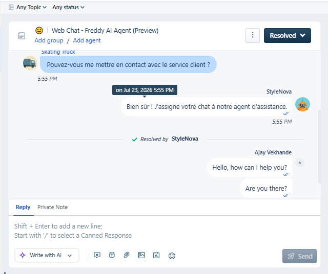 Output artifact for "Human Handoff and Ticket Routing" test: The inbox view shows the French escalation thread marked resolved by the bot and followed by a human agent reply., Freshdesk_HumanEscalation_DirectTriggers_Q5_FrenchEscalationRequest_conversationinbox.png