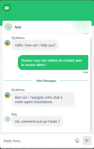 Output artifact for "Human Handoff and Ticket Routing" test: Responded in French and assigned the chat to a support agent, matching the configured language support., Freshdesk_HumanEscalation_DirectTriggers_Q5_FrenchEscalationRequest.png