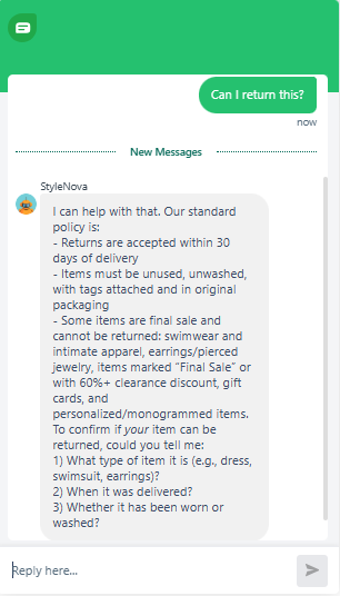 Output artifact for "Grounded Support Answering" test: Gave the standard return policy first, then asked for item type, delivery date, and whether the item was worn or washed so eligibility could be resolved., Freshdesk_KB-Answering_AmbiguousQueryHandling_Q2_CanIReturnThis.png
