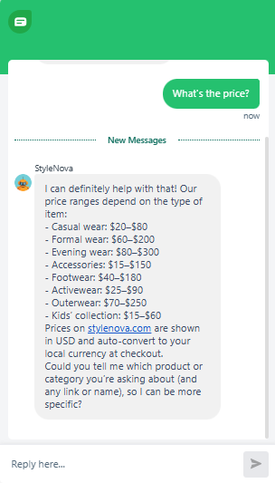 Output artifact for "Grounded Support Answering" test: Returned category-based price ranges instead of guessing a single price, then asked which product or category the user meant., Freshdesk_KB-Answering_AmbiguousQueryHandling_Q3_WhatsThePrice.png