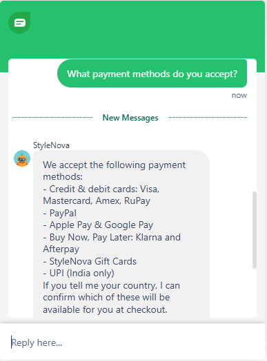 Output artifact for "Grounded Support Answering" test: Parsed the nested payment-method list correctly, expanded the card brands under the top-level bullet, surfaced UPI for India, and asked for the customer's country to confirm checkout availability., Freshdesk_KB-Answering_BasicRetrieval_Q2_PaymentMethods.png