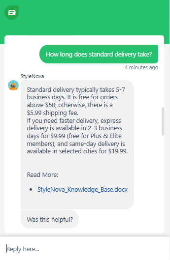 Output artifact for "Grounded Support Answering" test: Gave the 5–7 business day standard window together with the free-shipping threshold, standard shipping fee, express option, and same-day option in one answer., Freshdesk_KB-Answering_BasicRetrieval_Q3_StandardDeliveryTime.png