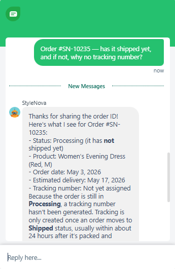 Output artifact for "Grounded Support Answering" test: Correctly stated that the order is still Processing, explained that tracking is only created after shipment, and included the order snapshot with product, date, and estimated delivery., Freshdesk_KB-Answering_CrossDocReasoning_Q2_SN10235TrackingReason.png