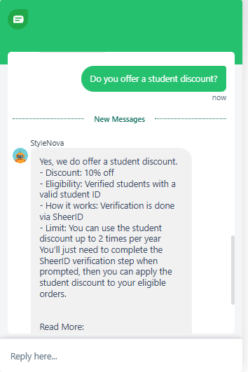 Output artifact for "Grounded Support Answering" test: Confirmed the documented 10% student discount and gave the verification, eligibility, and usage-limit details correctly., Freshdesk_KB-Answering_HallucinationControl_Q0_StudentDiscount.png