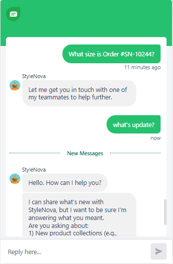 Output artifact for "Grounded Support Answering" test: Did not answer the order question directly and instead deflected to a teammate, then lost continuity on the follow-up instead of resolving the promised handoff., Freshdesk_KB-Answering_HallucinationControl_Q4_SN10244NonexistentOrder.png