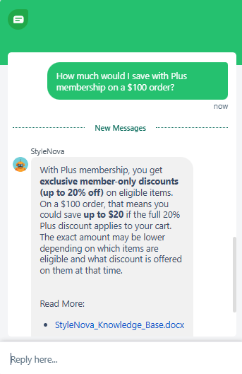 Output artifact for "Support Math and Discount Calculation" test: Kept the answer conditional, stating the savings could be up to $20 only if the full 20% member discount applies to the cart., Freshdesk_KB-Answering_NumericalCalculation_Q3_PlusMembershipSavingsOn100.png