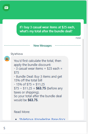 Output artifact for "Support Math and Discount Calculation" test: Calculated the subtotal, applied the 15% bundle discount correctly, and arrived at $63.75 before taxes or shipping., Freshdesk_KB-Answering_NumericalCalculation_Q1_BundleDeal3ItemsCalc.png