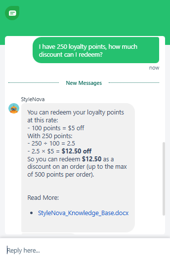 Output artifact for "Support Math and Discount Calculation" test: Converted 250 points into $12.50 using the stated redemption rate and included the 500-point-per-order cap., Freshdesk_KB-Answering_NumericalCalculation_Q2_250LoyaltyPointsRedemption.png