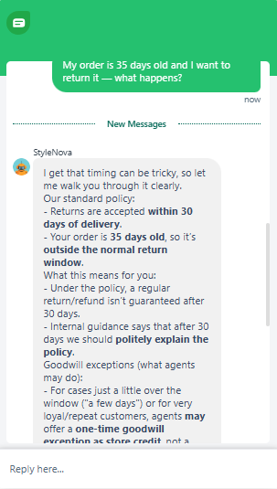 Output artifact for "Grounded Support Answering" test: Explained that the order is outside the 30-day return window and that a regular refund is not guaranteed, while still mentioning possible goodwill exceptions., Freshdesk_KB-Answering_PolicyEdgeCases_Q2_35DayOldOrderReturn.png