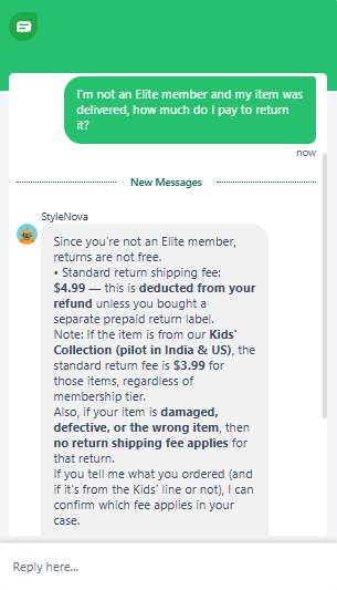 Output artifact for "Grounded Support Answering" test: Answered the non-Elite return fee as $4.99, added the Kids' Collection exception, and noted that damaged, defective, or wrong-item returns have no fee., Freshdesk_KB-Answering_PolicyEdgeCases_Q1_NonEliteReturnShippingCost.png