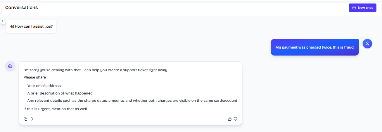 Output artifact for "Human Escalation and Ticket Creation" test: The bot treated the message as an urgent fraud claim and immediately requested contact and transaction details for escalation., FS_agent_HumanEscalation_DirectEscalationTriggers_Q32_FraudCharge.png