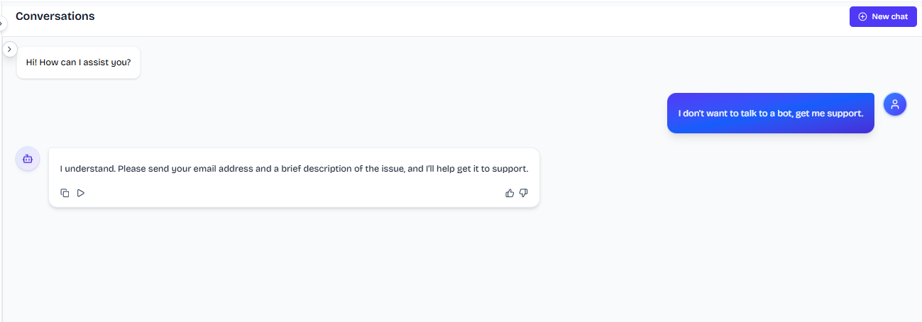Output artifact for "Human Escalation and Ticket Creation" test: The bot understood the escalation request and offered to create a support ticket immediately, asking for email and a brief issue description., FS_agent_HumanEscalation_DirectEscalationTriggers_Q33_NoBot.png