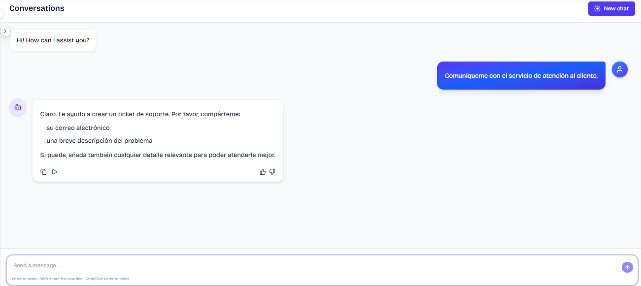 Output artifact for "Human Escalation and Ticket Creation" test: The bot responded in Spanish, acknowledged the request, and asked for email and issue details to continue the escalation flow., FS_agent_HumanEscalation_DirectEscalationTriggers_Q35_SpanishRequest.png