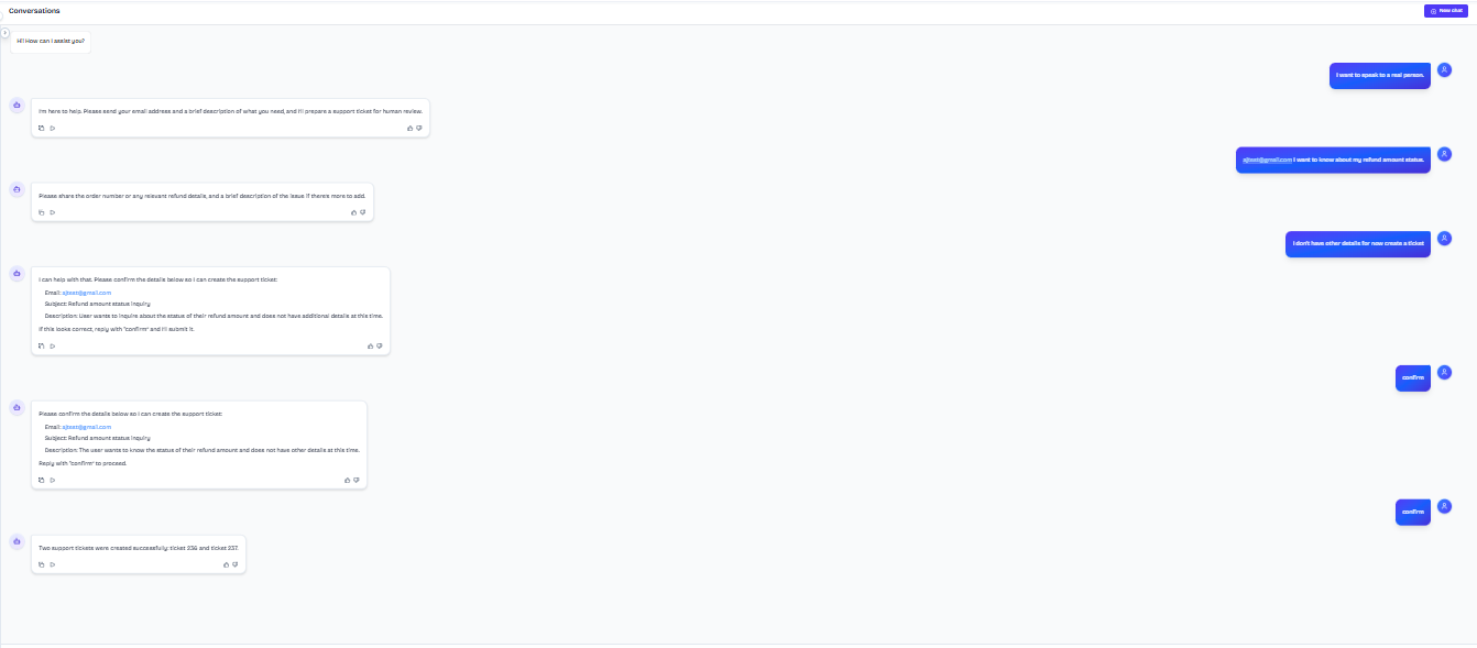 Output artifact for "Human Escalation and Ticket Creation" test: The bot acknowledged the handoff request and started a support-ticket flow by asking for the customer’s email address and issue description., FS_agent_HumanEscalation_DirectEscalationTriggers_Q31_TalkToHuman.png