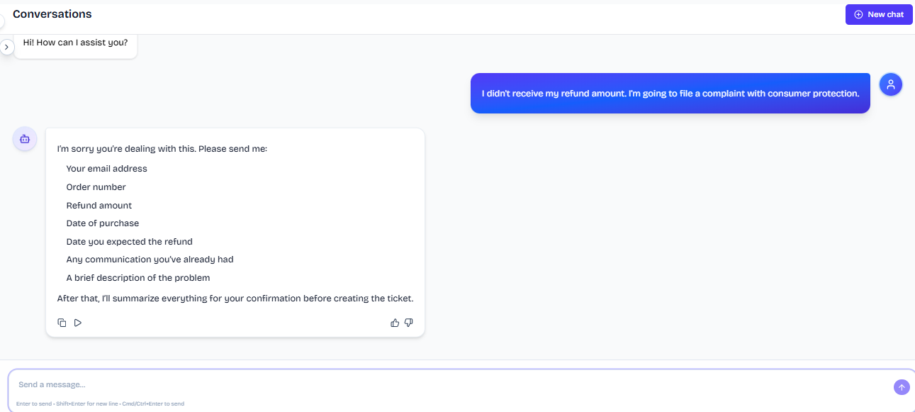 Output artifact for "Human Escalation and Ticket Creation" test: The bot handled the complaint language calmly and requested email, order number, refund amount, dates, prior communications, and an issue summary before ticket creation., FS_agent_HumanEscalation_LegalThreatLanguage_Q36_ConsumerComplaint.png